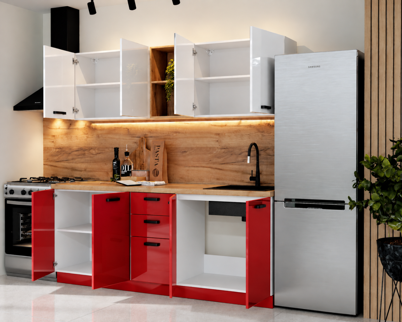 Bucatarie Daria MDF V1, 200x60x200cm, Acril Alb+Rosu [4]