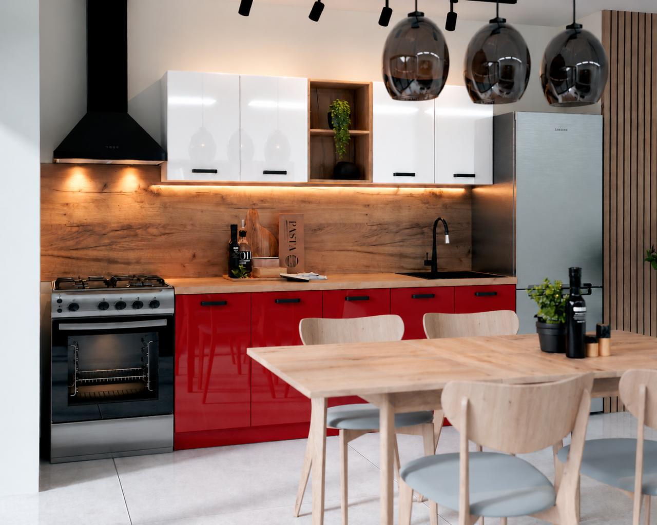 Bucatarie Daria MDF V1, 200x60x200cm, Acril Alb+Rosu [2]