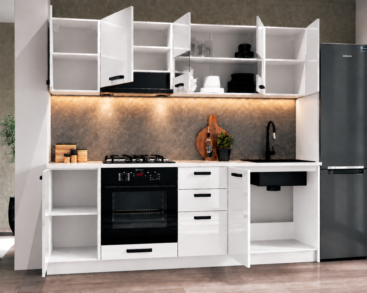 Bucatarie Daria MDF V1, 220x60x200cm, Acril Alb [3]