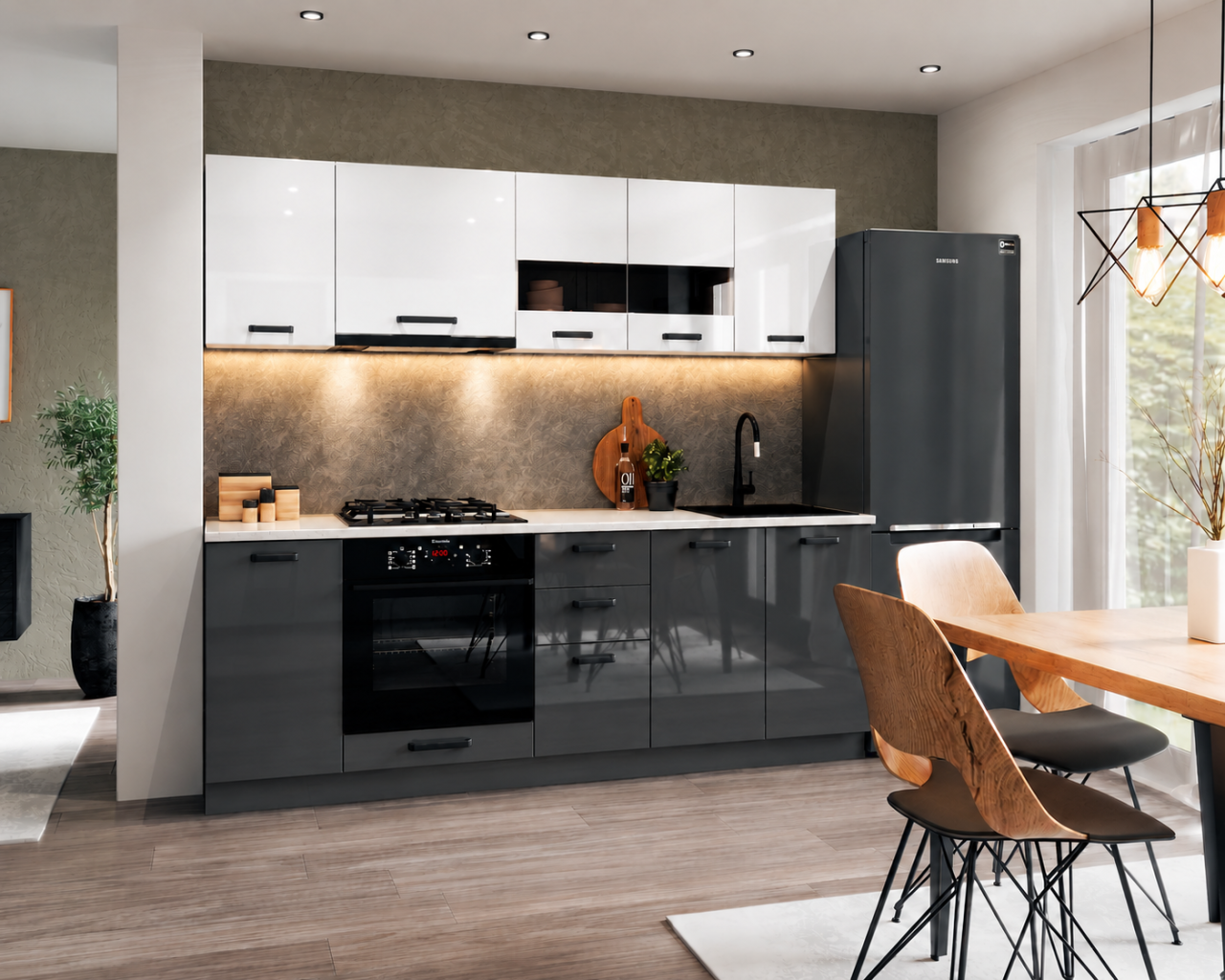 Bucatarie Daria MDF V1, 220x60x200cm, Acril Alb+Antracit [2]