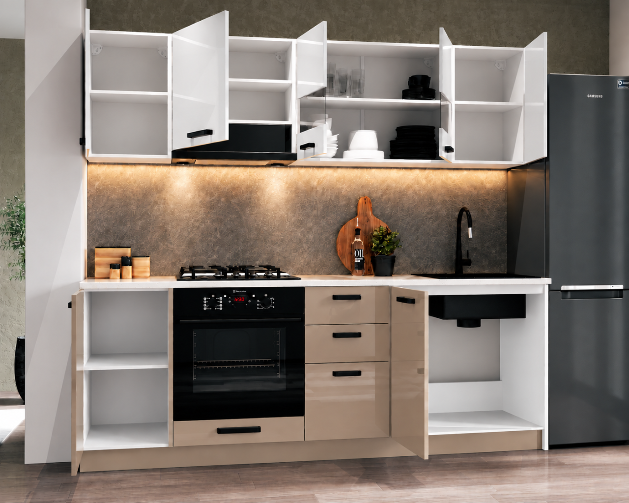Bucatarie Daria MDF V1, 220x60x200cm, Acril Alb+Cappuccino [3]