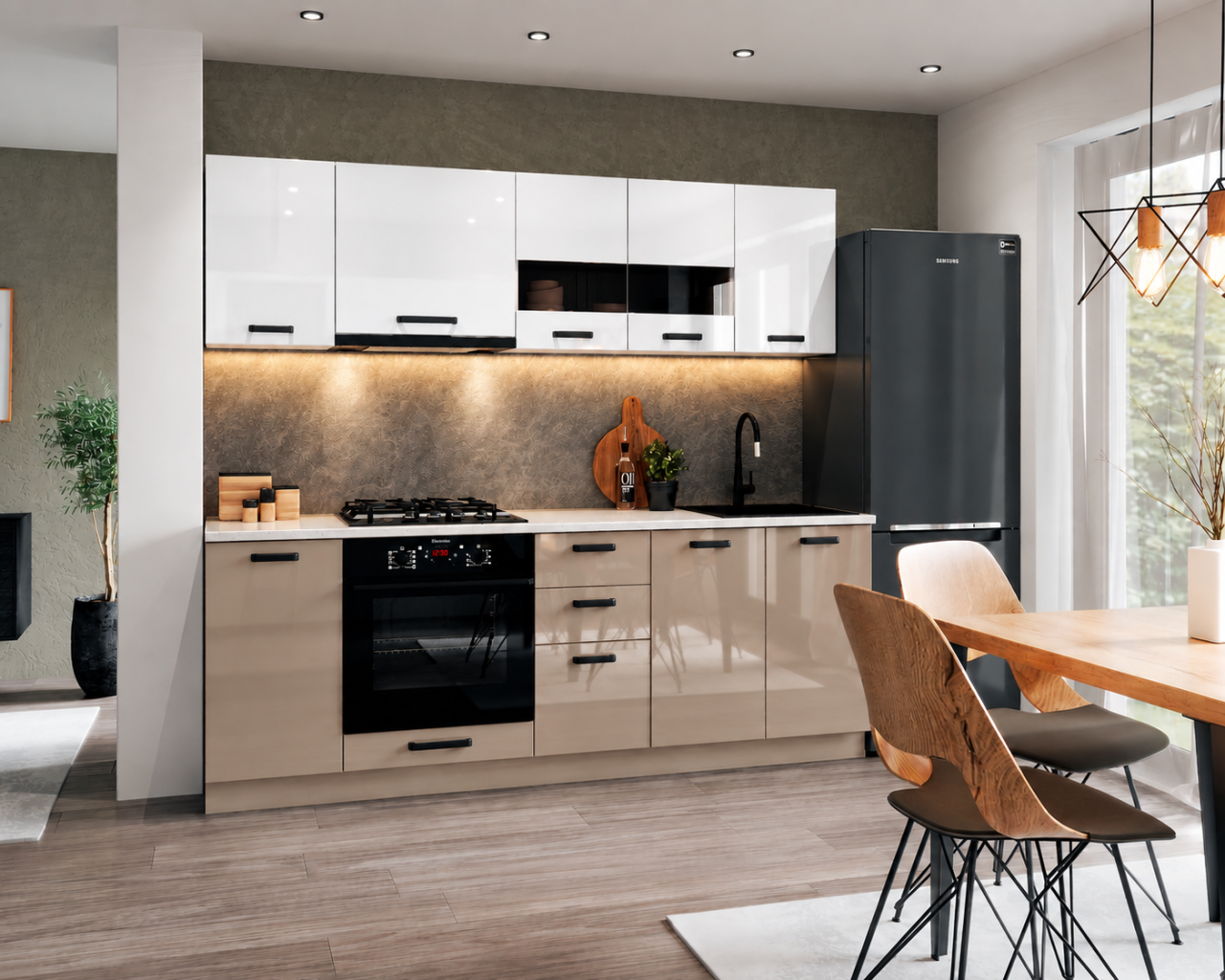 Bucatarie Daria MDF V1, 220x60x200cm, Acril Alb+Cappuccino [2]