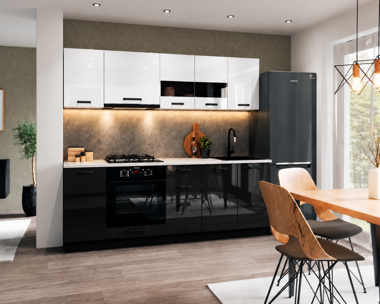 Bucatarie Daria MDF V1, 220x60x200cm, Acril Alb+Negru [2]