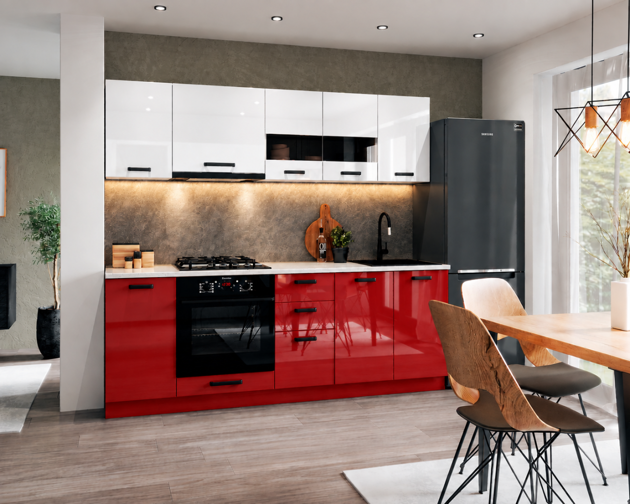 Bucatarie Daria MDF V1, 220x60x200cm, Acril Alb+Rosu [2]