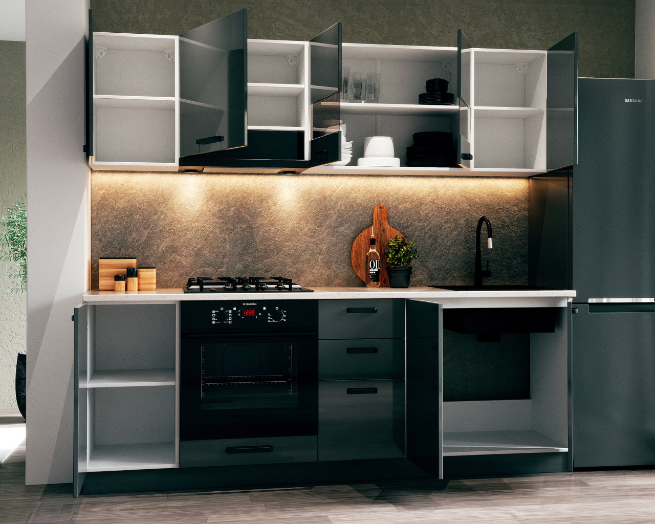 Bucatarie Daria MDF V1, 220x60x200cm, Acril Antracit [5]