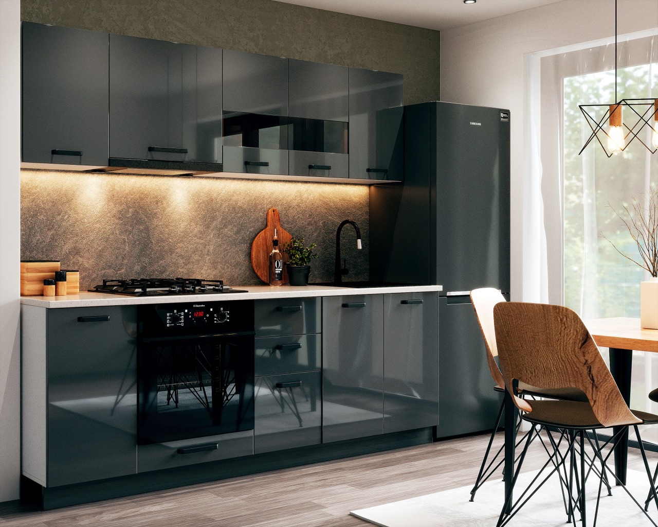 Bucatarie Daria MDF V1, 220x60x200cm, Acril Antracit [4]