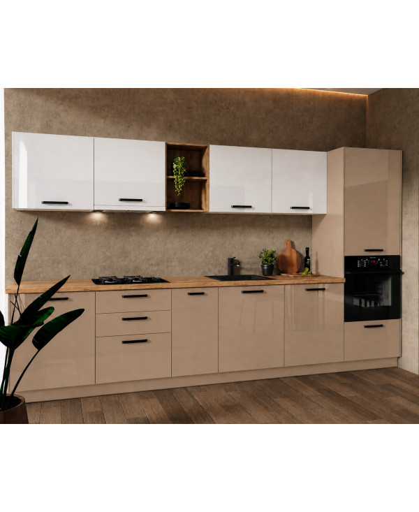 Bucatarie Daria MDF V1, 340x60x200cm, Alb lucios+Cappuccino [2]