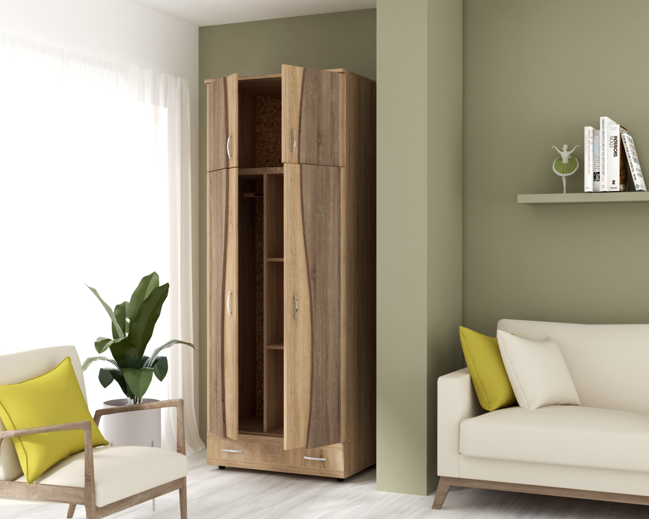 Dulap 2U S cu despartitor, 90x50x198cm, sonoma/truffe [4]