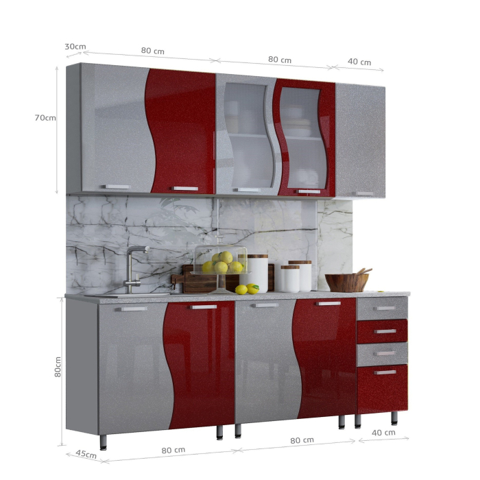 Mobila Bucatarie 200 cm Rosu Metalizat Gri MDF Nicole- Set Mobilier Bucatarie [3]