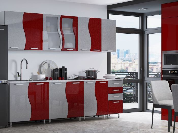 Mobila Bucatarie 260 cm Rosu Metalizat Gri MDF Nicole- Set Mobilier Bucatarie [5]
