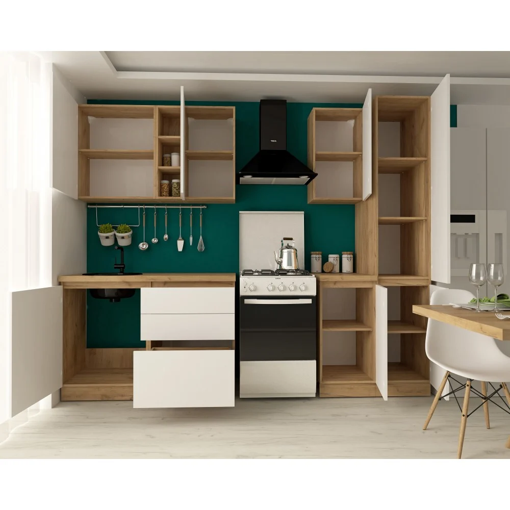 Mobila Bucatarie Chelsea 200cm MDF Stejar k003/Alb - Set Mobilier Bucatarie [3]