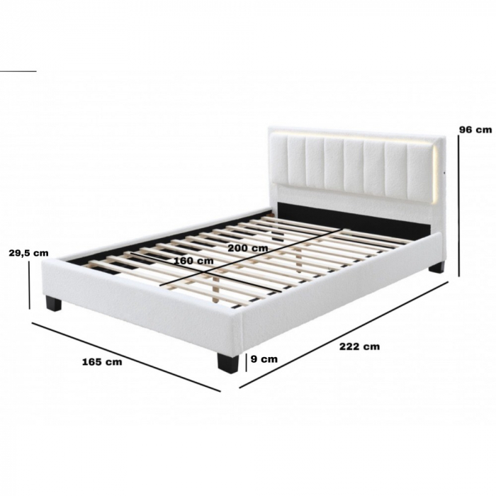 Pat tapitat Comfort 1 cu LED, 160x200, cadru din lemn cu somiera fixa, culoare Crem [3]