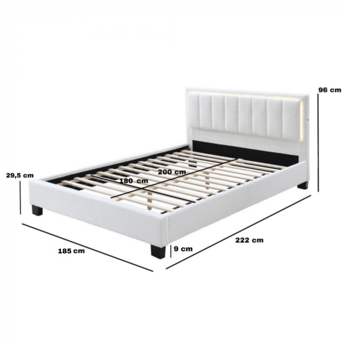 Pat tapitat Comfort 1 cu LED, 180x200, cadru din lemn cu somiera fixa, culoare Crem [3]