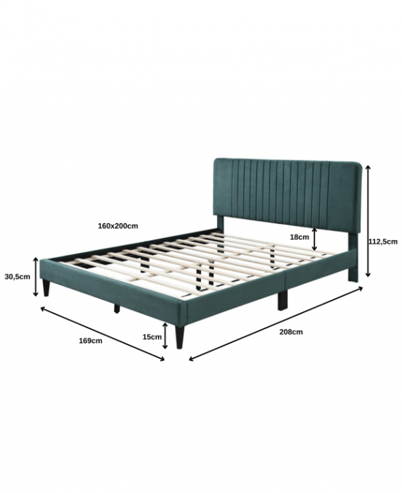 Pat tapitat Emerald cu catifea verde, 160x200, cadru din lemn cu somiera fixa [6]