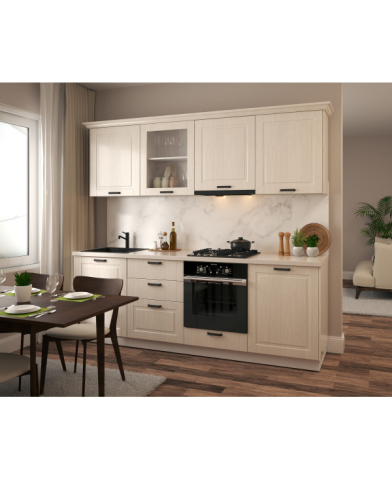 Bucatarii - Bucatarie ATHENA 244 cm  MDF Insertie de lemn Alb/crem - Bucatarie completa