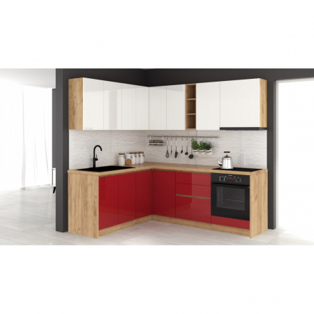 Bucatarii - Mobila Bucatarie colt 182,5x162,5 cm  Alb Rosu MDF Acrilic Roma V1- Set Mobila Bucatarie
