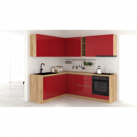 Bucatarii - Mobila Bucatarie colt 182,5x162,5 cm  Rosu Stejar K003 MDF Acrilic Roma V1-Set Mobila Bucatarie