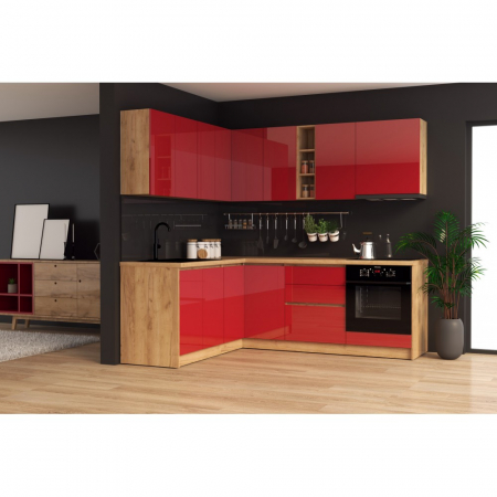 Mobila Bucatarie colt 182,5x162,5 cm  Rosu Stejar K003 MDF Acrilic Roma V1-Set Mobila Bucatarie [1]