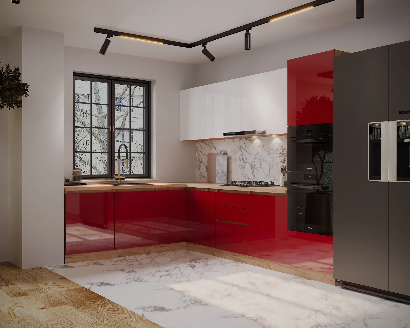 Produse - Bucatarie colt Chelsea V2, 221/300x60x200 cm, Alb/Rosu /Stejar K003