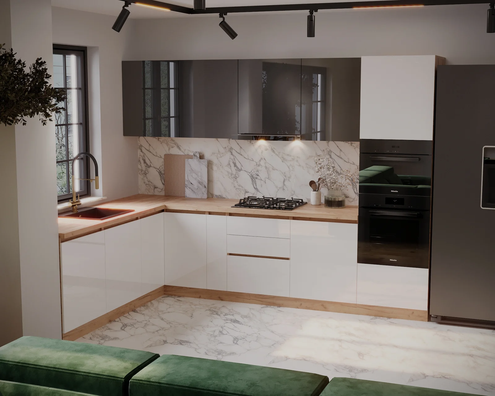 Bucatarii - Bucatarie colt Chelsea V2 ,221/300x60x200 cm, Gri antracit , Alb /Stejar K003