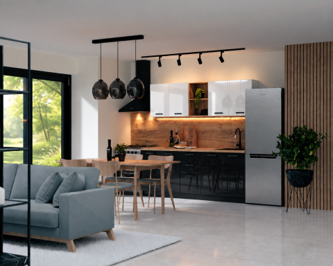 Bucatarii - Bucatarie Daria MDF V1, 200x60x200cm, Acril Alb+Negru