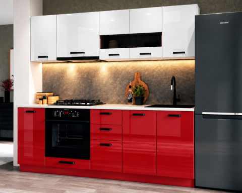 Bucatarii - Bucatarie Daria MDF V1, 220x60x200cm, Acril Alb+Rosu