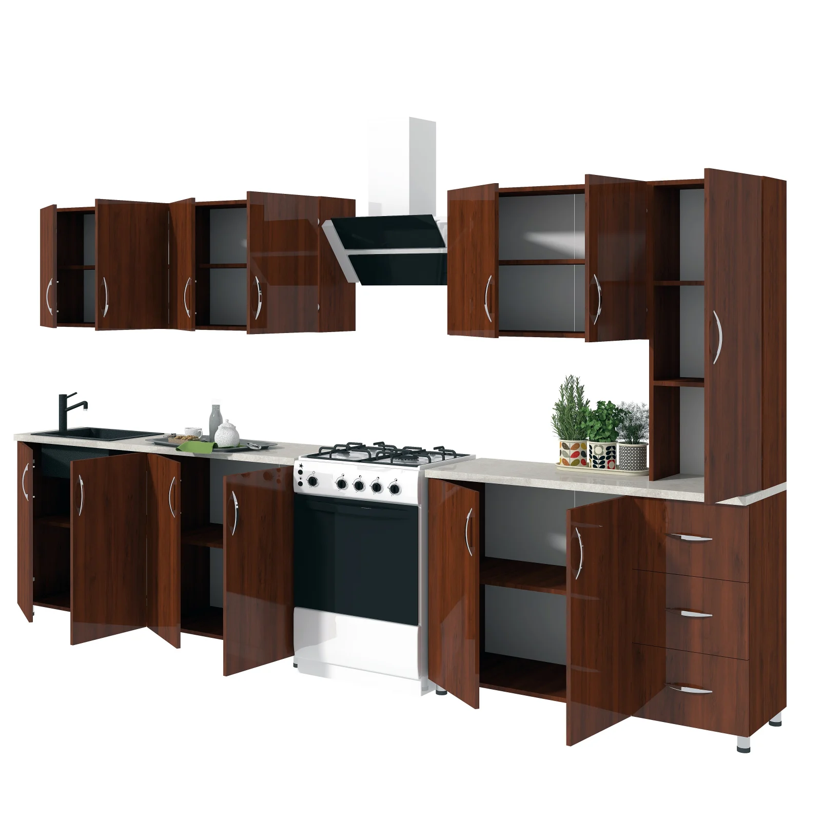Mobila Bucatarie 280 cm Nuc MDF Infoliat  Lorena- Set Mobilier Bucatarie [2]