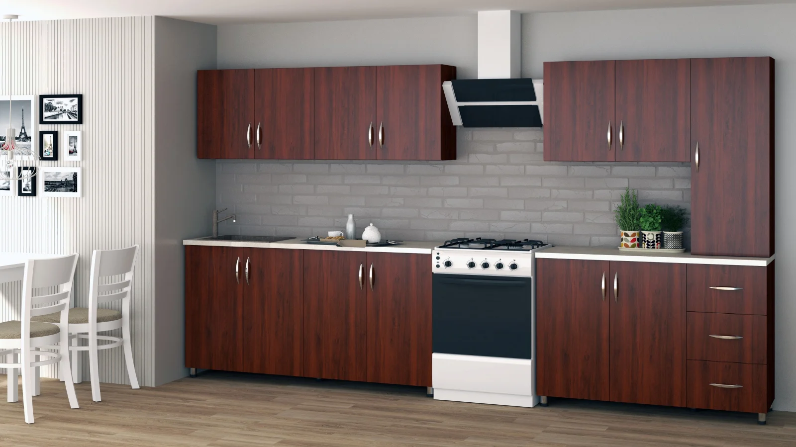 Mobila Bucatarie 280 cm Nuc MDF Infoliat  Lorena- Set Mobilier Bucatarie [3]