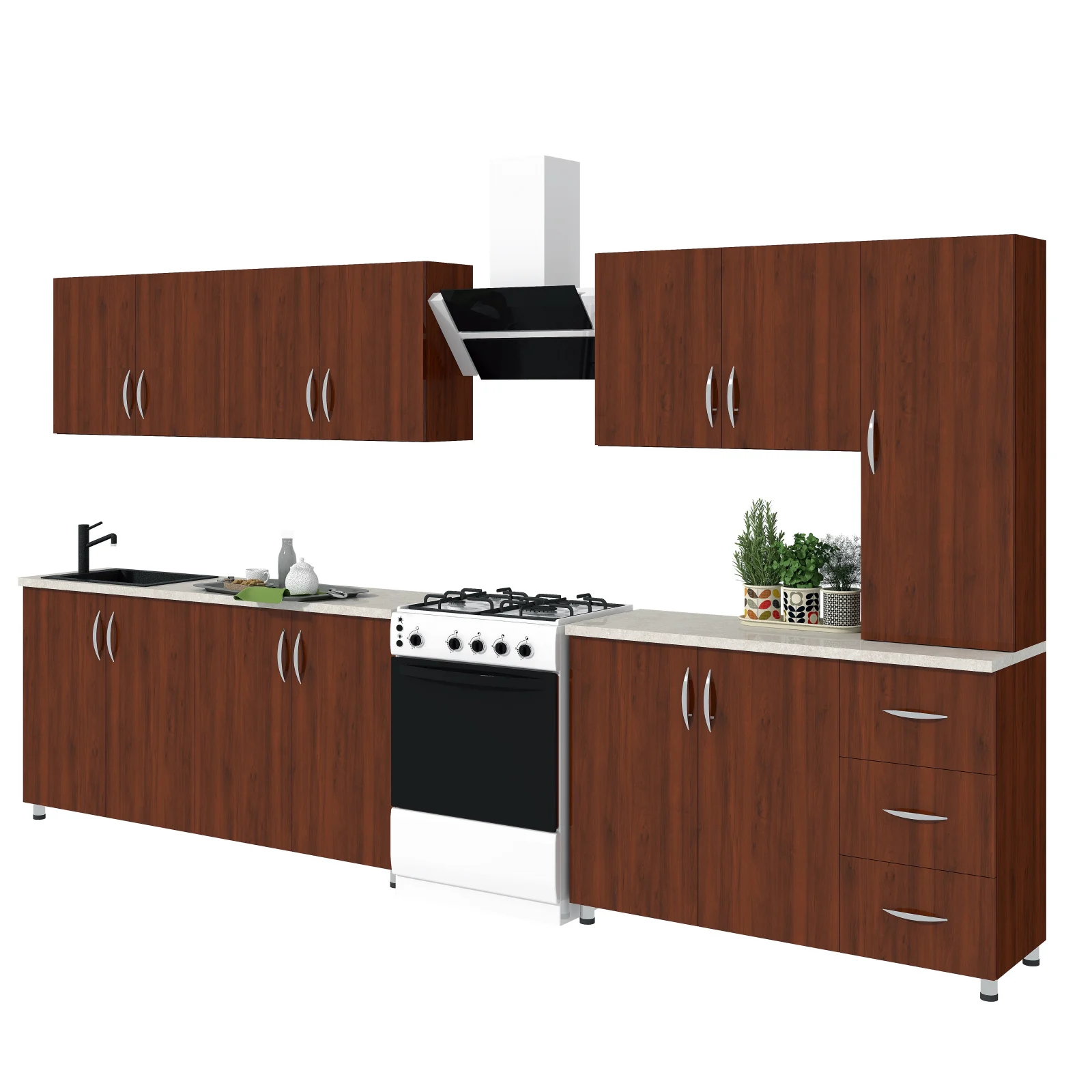 Bucatarii - Mobila Bucatarie 280 cm Nuc MDF Infoliat  Lorena- Set Mobilier Bucatarie