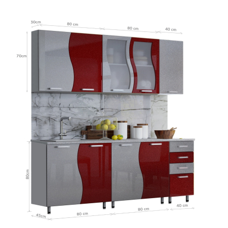 Mobila Bucatarie 200 cm Rosu Metalizat Gri MDF Nicole- Set Mobilier Bucatarie [2]