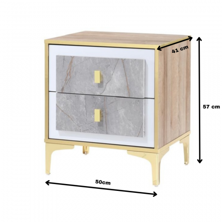 Noptiera Nero cu 2 sertare, culoare Marmura + Aur, 50x41x57cm [4]