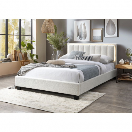 Paturi - Pat tapitat Comfort 1 cu LED, 160x200, cadru din lemn cu somiera fixa, culoare Crem