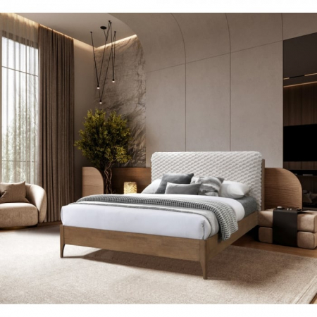 MOBILIER DORMITOR - Pat tapitat din lemn masiv Barcelona 140x200, cu somiera fixa, culoare Bej