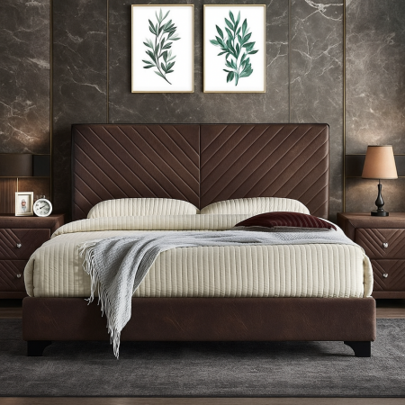 Paturi - Pat tapitat Kring 140x200cm, suport saltea inclus, culoare Maro