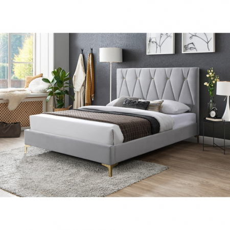 Produse - Pat tapitat Mervine, 160x200, cadru din lemn cu somiera fixa, culoare Gri