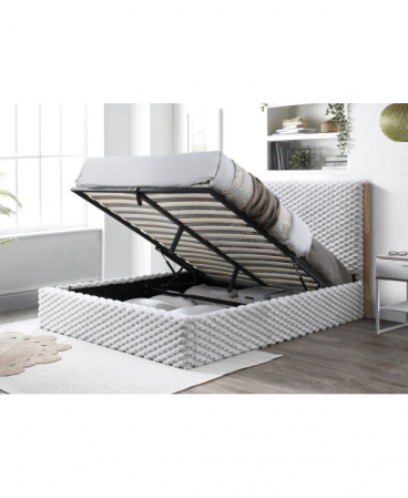 Pat tapitat Nordic cu stofa bucla, 160x200, cu somiera metalica rabatabila si spatiu de depozitare, culoare Bej [3]