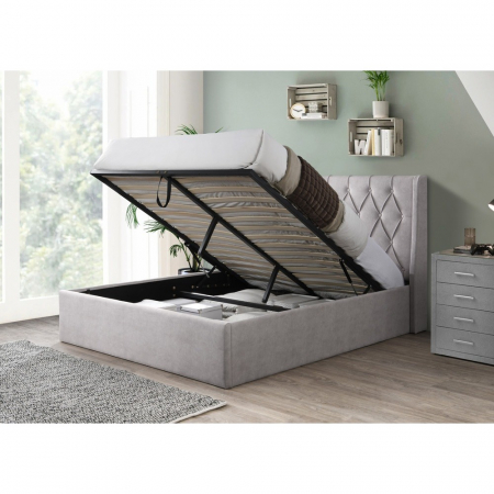 Produse - Pat tapitat Prestige 1, 180x200, cu somiera metalica rabatabila si spatiu de depozitare, culoare Crem