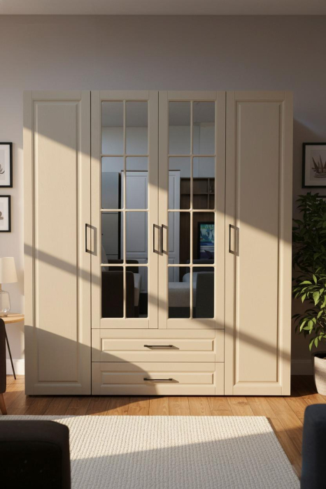 Dulap URBAN MDF crem deschis si pal sonoma, 4 usi batante si 2 sertare [2]