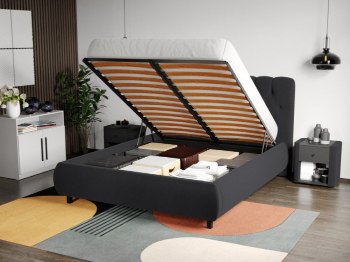 PAT tapitat MEGA catifea gri inchis cu somiera rabatabila si lada de depozitare [4]