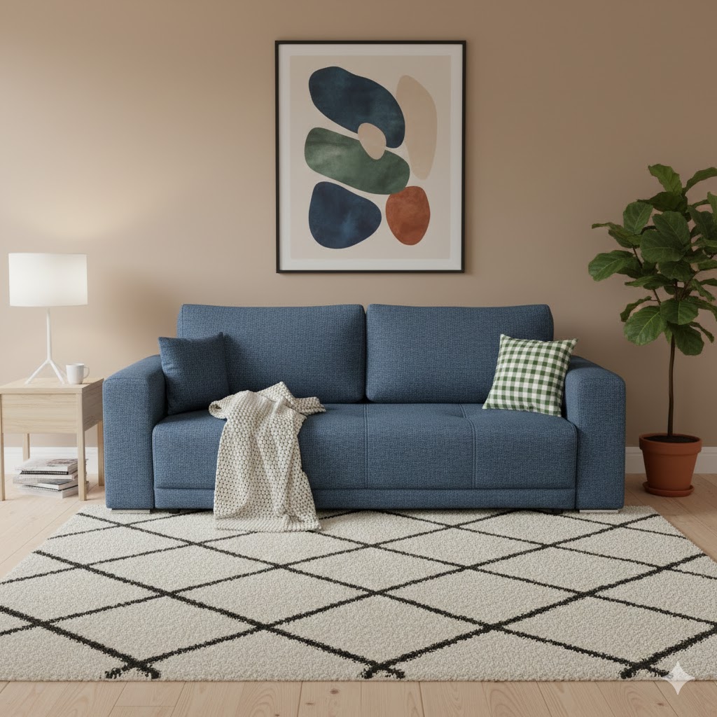 Canapele - Canapea BERNA B extensibila 3 locuri cu lada depozitare stofa albastra Neve 74