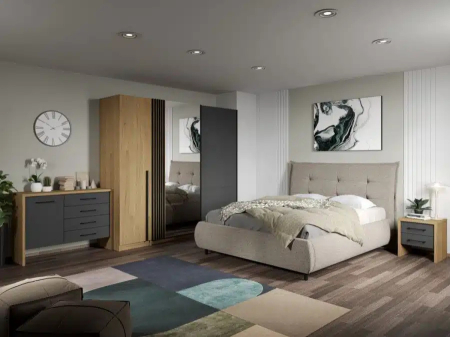 Mobila dormitor - DORMITOR AXEL cu dulap cu 2 usi culisante si oglinda si dulap cu o usa batanta