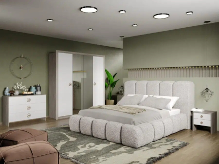 Mobila dormitor - DORMITOR NOEL cu dulap cu 4 usi batante si oglinda si pat tapitat