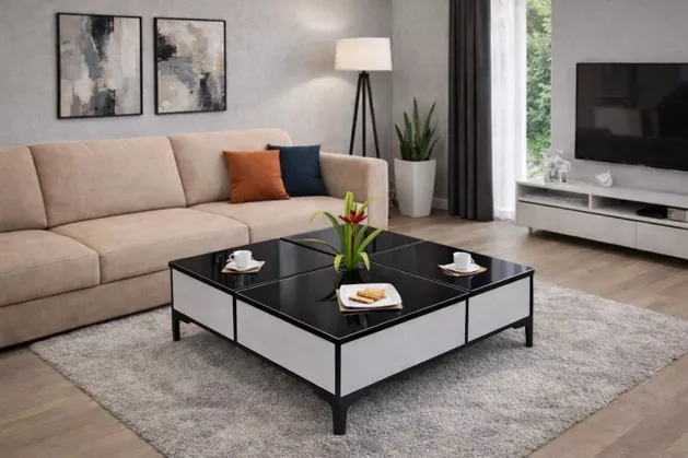 Masute cafea - Masuta cafea AMETIST pal alb si blat MDF negru lucios