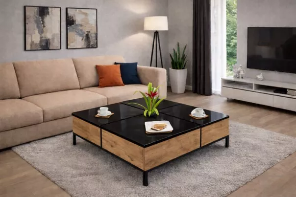 Masute cafea - Masuta cafea AMETIST pal stejar antic si blat MDF negru lucios