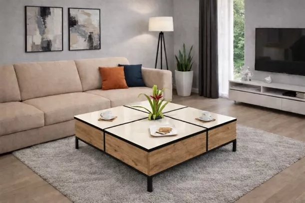 Masute cafea - Masuta cafea AMETIST pal stejar antic si blat MDF crem lucios