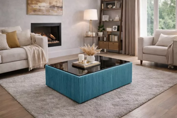 Masute cafea - Masuta cafea tapitata LIMA turcoaz si blat MDF negru lucios