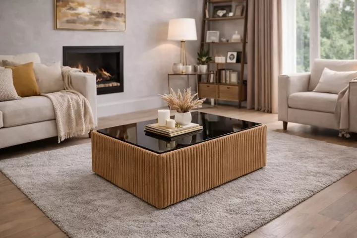 Masute cafea - Masuta cafea tapitata LIMA crem si blat MDF negru lucios