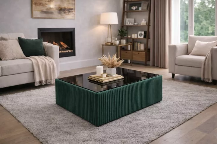 Masute cafea - Masuta cafea tapitata LIMA verde inchis si blat MDF negru lucios