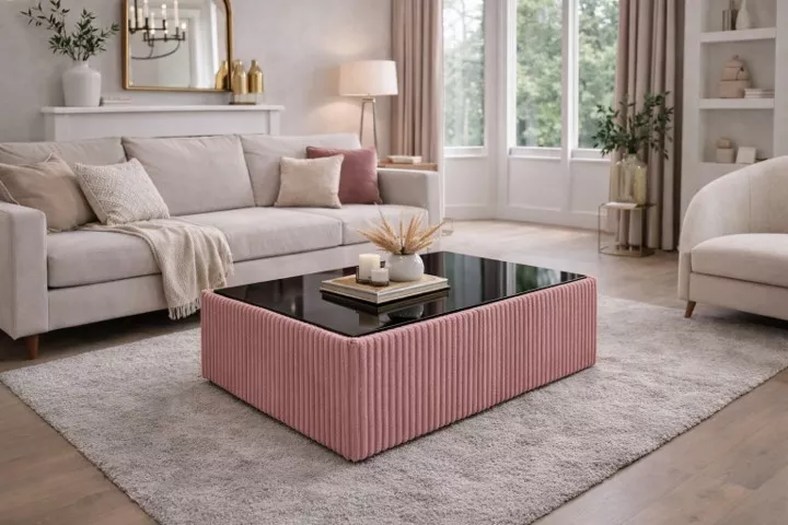 Masute cafea - Masuta cafea tapitata LIMA roz pudra si blat MDF negru lucios