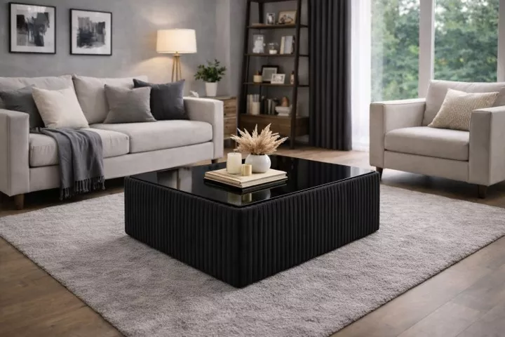 Masute cafea - Masuta cafea tapitata LIMA negru si blat MDF negru lucios